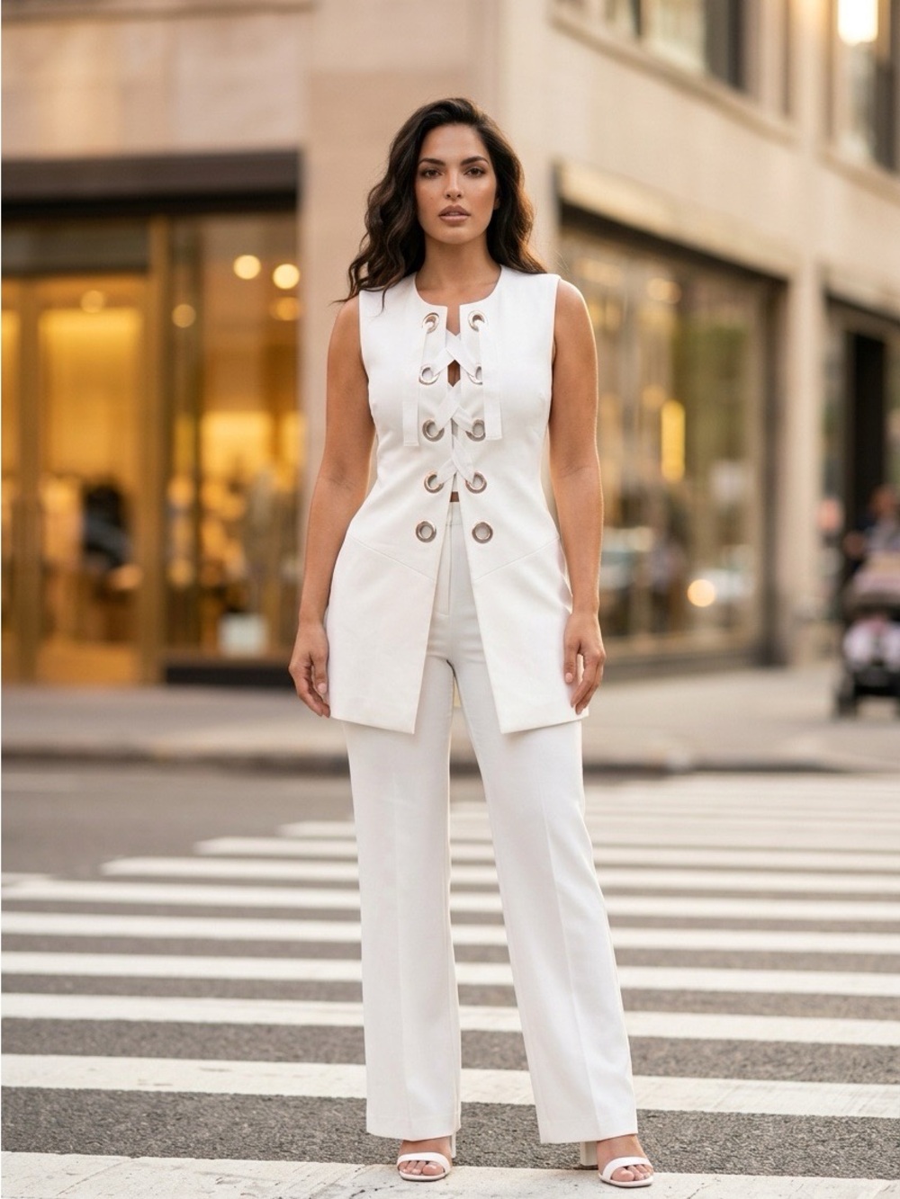 Zara White Sleeveless Lace-Up Long Vest